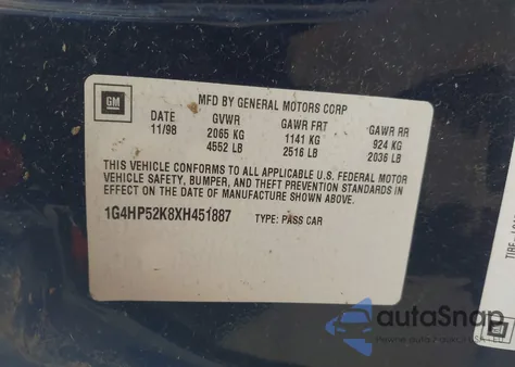 1999 Buick Lesabre Custom z USA, uszkodzony, nr VIN 1G4HP52K8XH451887